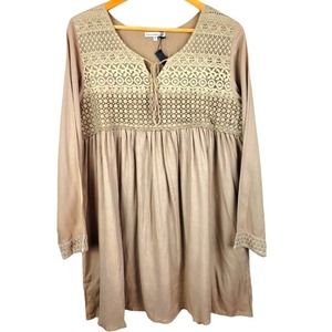Crosstree Lane Tan Tassle Tie Lace Yoke Tunic Mini Dress